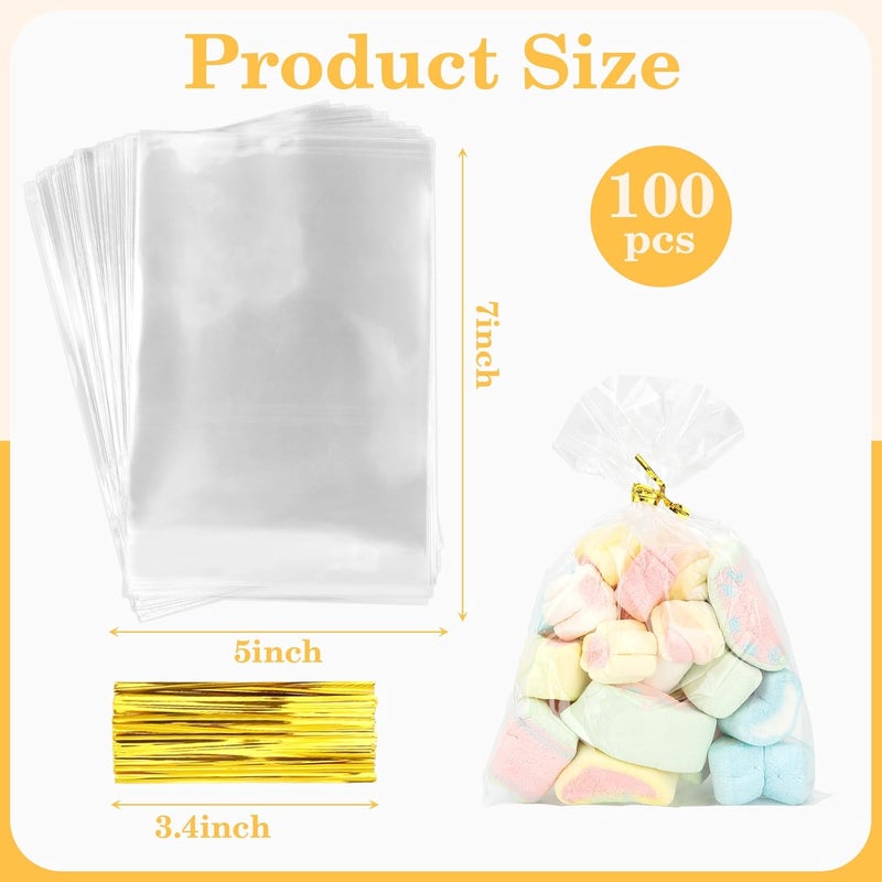 Cidenbio 100 PCS Cellophane Treat Bags, 5x7 In Clear Cellophane Gift Bags with Twist Ties Plastic Goodie Bag for Party Favor Cookie Candy Popcorn Bakery Chocolate Gift Wrapping - Image 3